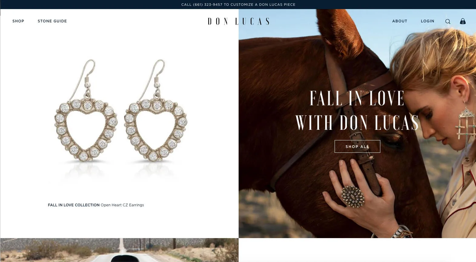 The Don Lucas Shopify store home page: heart earrings beside a photo of a woman with a horse, under the headline Fall in Love with Don Lucas