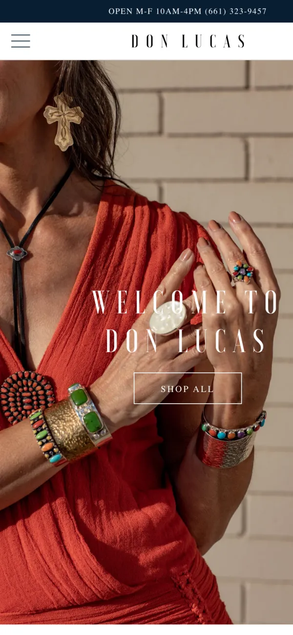 The Don Lucas store on a phone, with the headline Welcome to Don Lucas over a photo of turquoise and coral jewelry